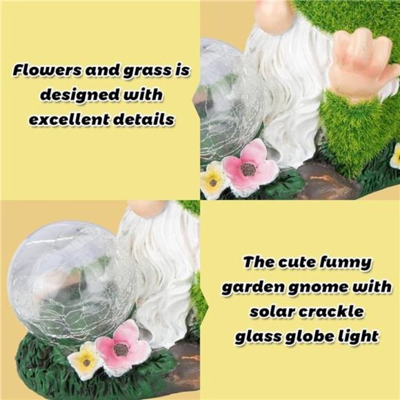 Garden Gnome Statue with Solar Crackle Glass Globe Lights, Resin Gnomes Statue - Picture 7 of 8